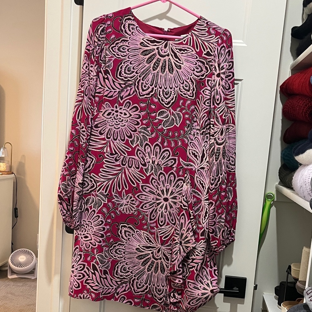 LOFT Long Sleeve Floral Dress in Pink and Black